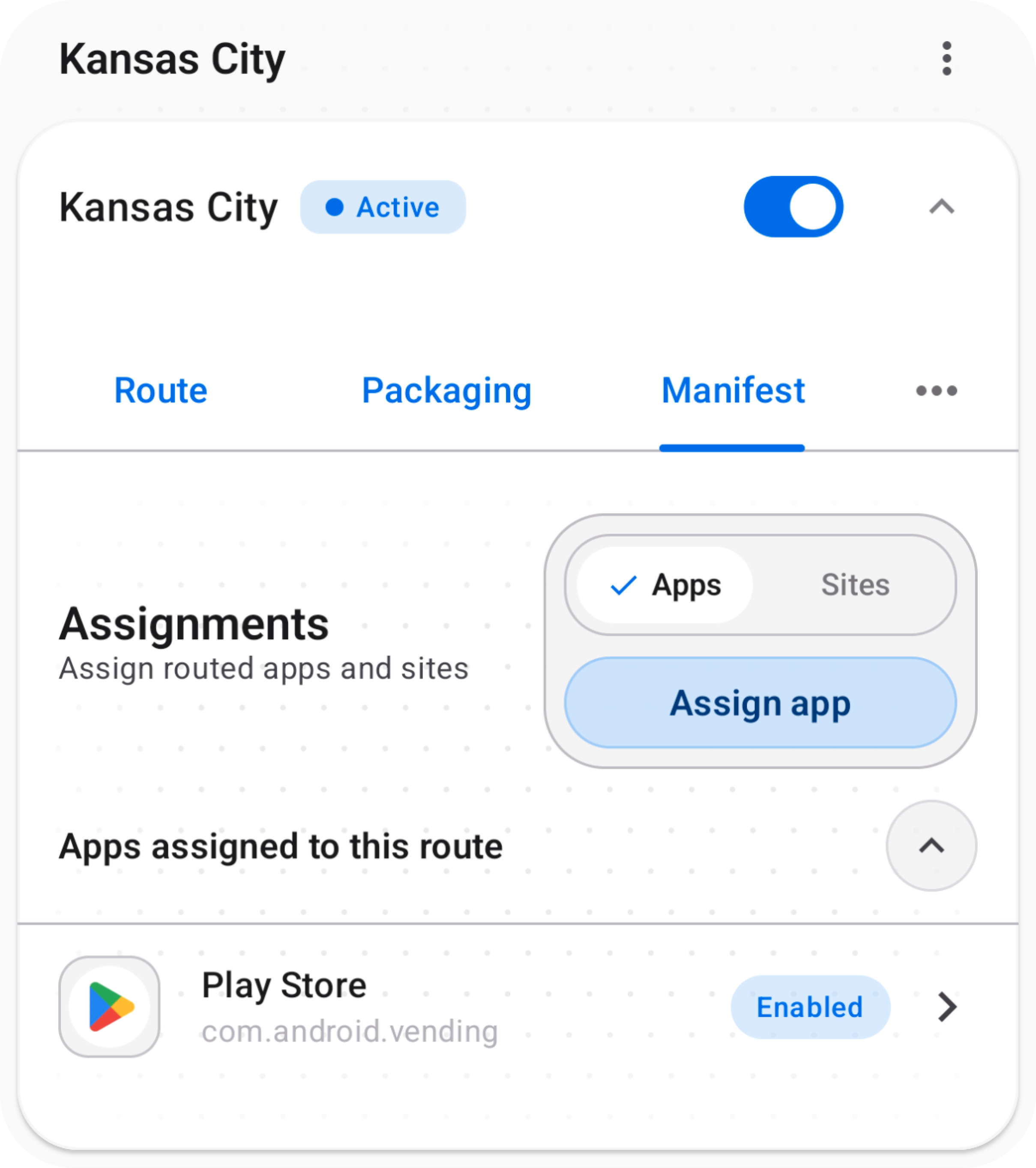 Secureferry manifest controls showing app assignments for a route.