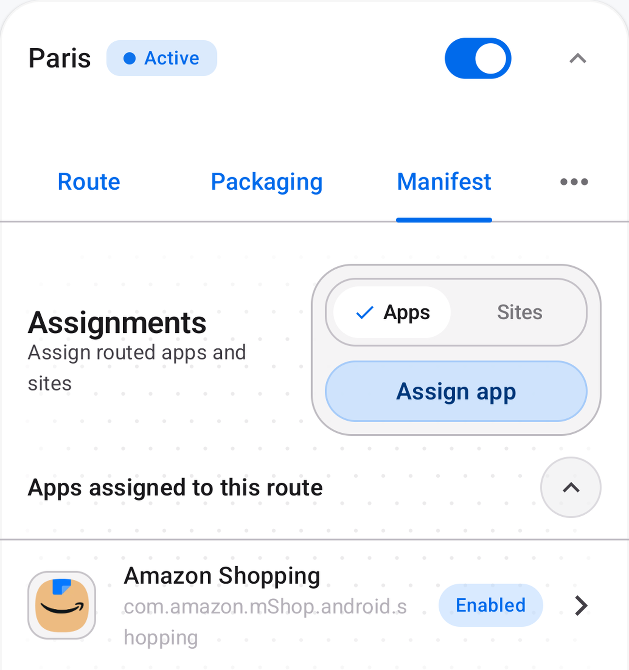 Secureferry app assignment controls showing Amazon Shopping assigned to a dedicated route.