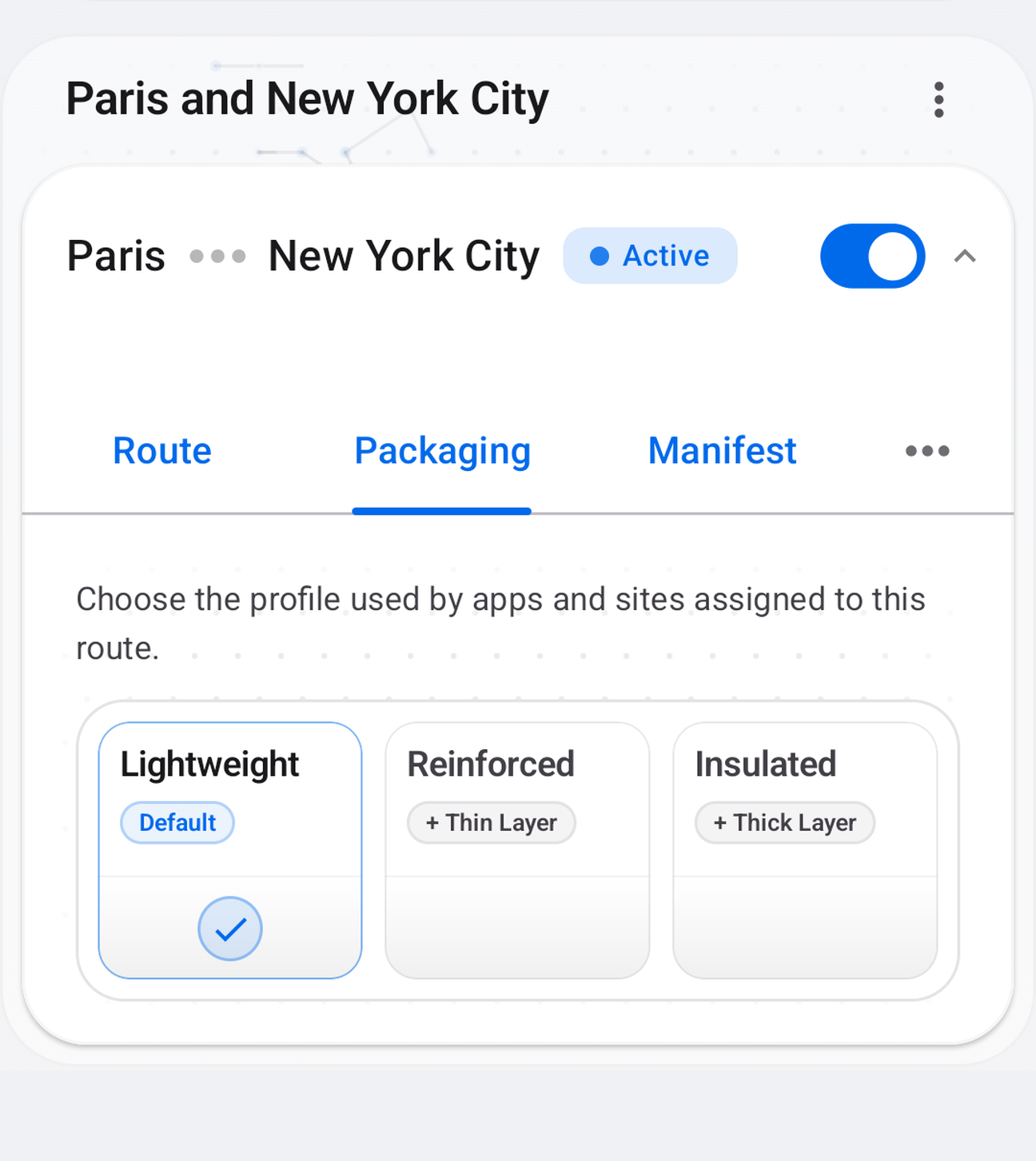 Secureferry packaging profile controls for a dedicated route.